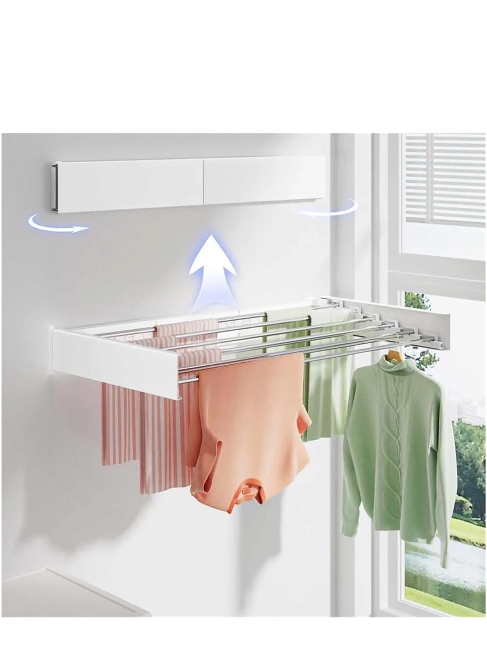 New Open Box White Foldable Wall Mounted Clothes Rack, Retractable Clothes Dryin